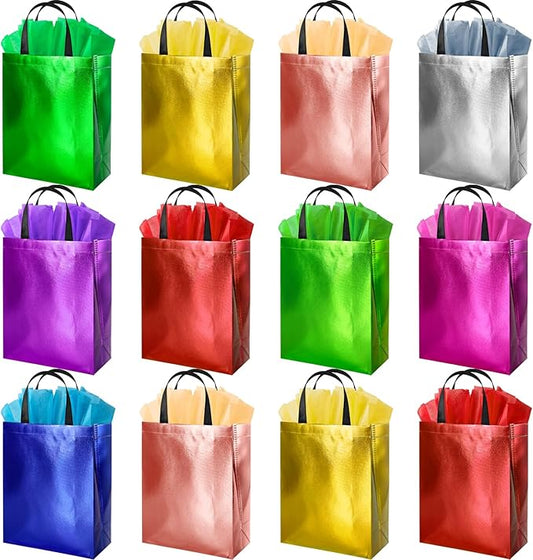 BLEWINDZ 18Pcs Gift Bags Medium Size with 18 Tissues - 10.2 "Reusable Sparkly Party Favor Bags for Christmas, Birthday, Baby Shower, Weddings, Shopping