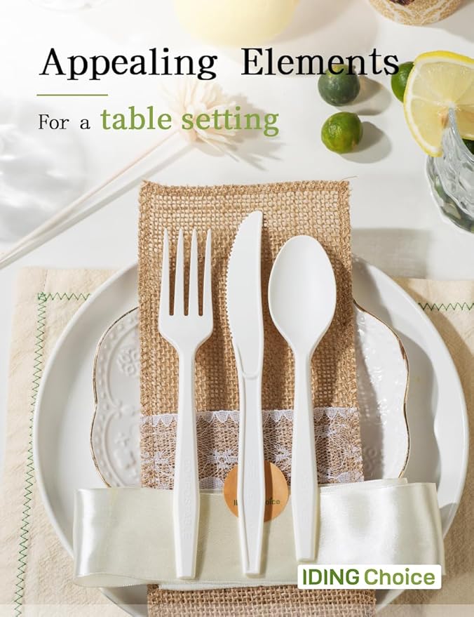 380 Count Heavy Duty Compostable Cutlery Set 140 plastic forks 120 spoons 120 knives eco-friendly no plastic silverware compostable utensils for Weddings, Parties, Office, Camping, Picnic