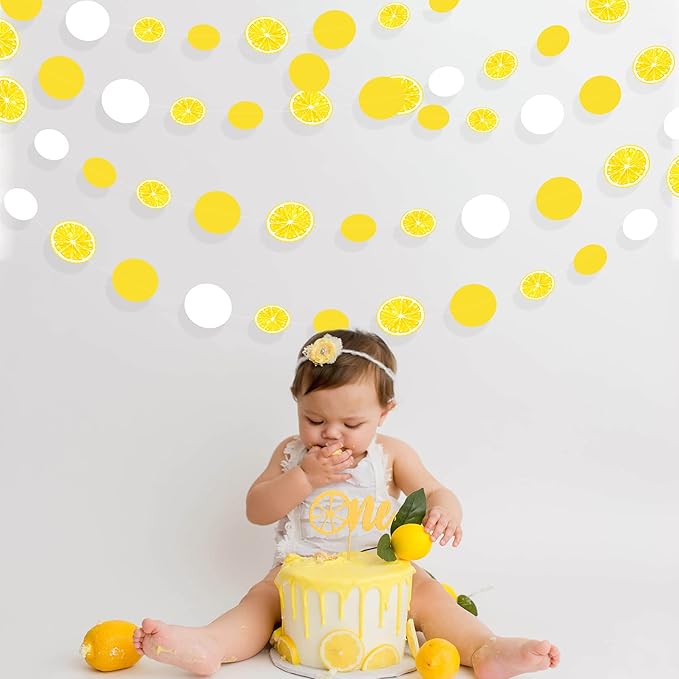 63 Ft Lemon Party Decorations Yellow White Circle Dots Garland Polka Dot Hanging Paper Streamer for Lemon Themed Wedding Bridal Shower Engagement Bachelorette Baby Shower Birthday Party Supplies