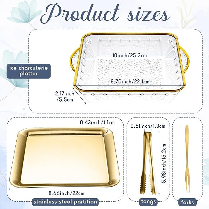 Baderke 6 Set 9" Chilled Serving Tray for Parties with Compartments Ice Chilled Party Platter Charcuterie Serving Board Cold Dish Dip with Fork Tong for Fruit Seafood Vegetable Appetizer (Gold)