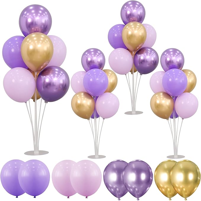 4 Sets Balloon Stands Kit for Table Purple Gold Balloons Holder Sticks With Base Centerpiece Birthday Party Baby Shower Wedding Decoration