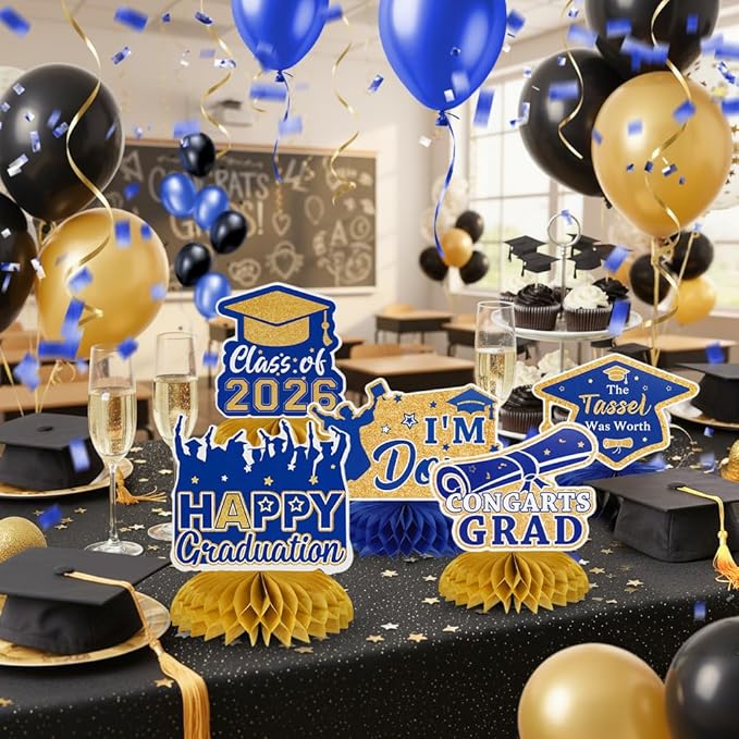 Graduation Decorations Class of 2026 Honeycomb Centerpieces, 9PCS Graduation Centerpieces for Tables, Congrats Grad Table Toppers Decor for 2026 Kid Men Women Graduations Party Decorations (Blue Gold)