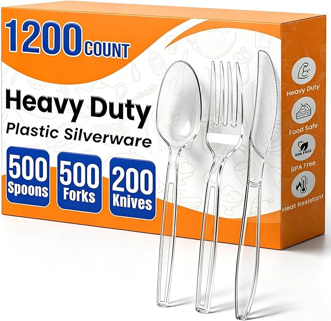 1200 Count Plastic Silverware Heavy Duty,Clear Disposable Plastic Utensils Set,500 Forks, 500 Spoons,200 Knives,BPA-Free, Heat Resistant PlasticCutlery, Plasticware Bulk for Catering & Events, Daily