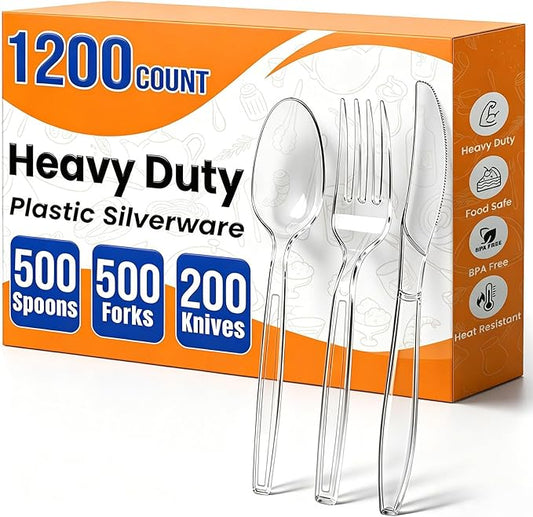 1200 Count Plastic Silverware Heavy Duty,Clear Disposable Plastic Utensils Set,500 Forks, 500 Spoons,200 Knives,BPA-Free, Heat Resistant PlasticCutlery, Plasticware Bulk for Catering & Events, Daily