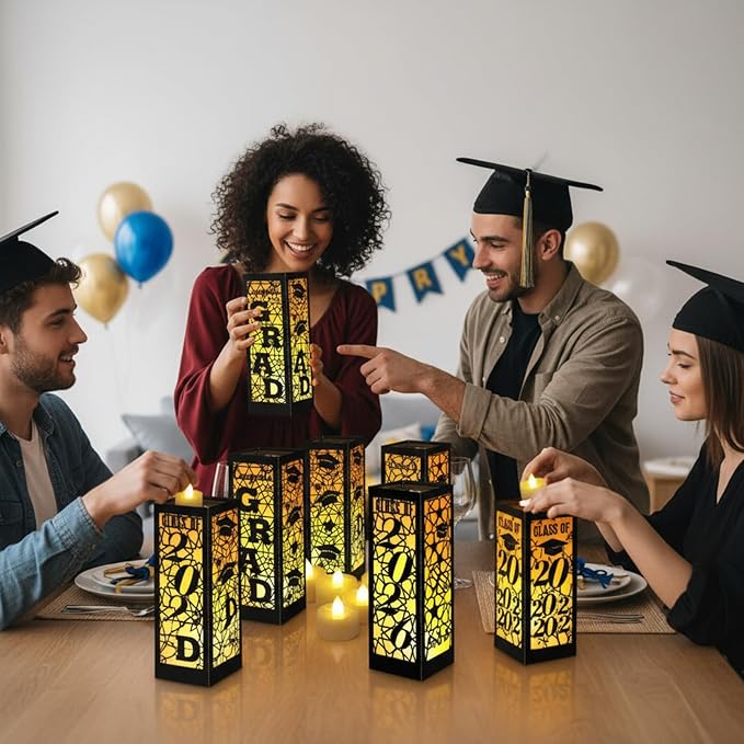Rossesay 6 Pcs Graduation Table Centerpieces Boxes Class of 2026 Graduation Lanterns for Centerpieces with LED Candles Congrats Grad School College Photo Props for Party Table Decoration (Black)