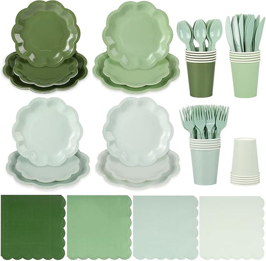 168 Pcs Sage Green Paper Plates and Napkins 24 Guests Gradient Scalloped Disposable Tableware Party Supplies Set for Baby Shower Wedding Birthday Garden Tea Party