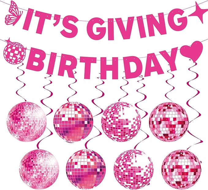 Pre-Strung Pink Birthday Decorations - Girls Women's 10PCS It's Giving Banner Hanging Swirls Decorations Supplies Cheers to Girl's Party