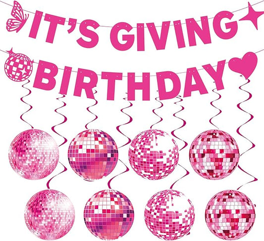 Pre-Strung Pink Birthday Decorations - Girls Women's 10PCS It's Giving Banner Hanging Swirls Decorations Supplies Cheers to Girl's Party