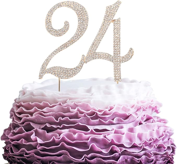 LINGPAR 24 Years Birthday Cake Topper - New Best Crystal Rhinestone 24th Wedding Anniversary Or 24 Years Old Cake Topper Party Decoration Gold