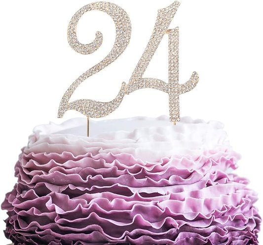 LINGPAR 24 Years Birthday Cake Topper - New Best Crystal Rhinestone 24th Wedding Anniversary Or 24 Years Old Cake Topper Party Decoration Gold