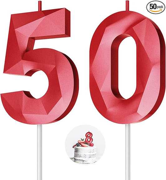 Number Birthday Candles(50 Candle Red) 3D Diamond Shape Number Happy Birthday Cake Candles for Birthday Party Wedding Decoration Reunions Theme Party