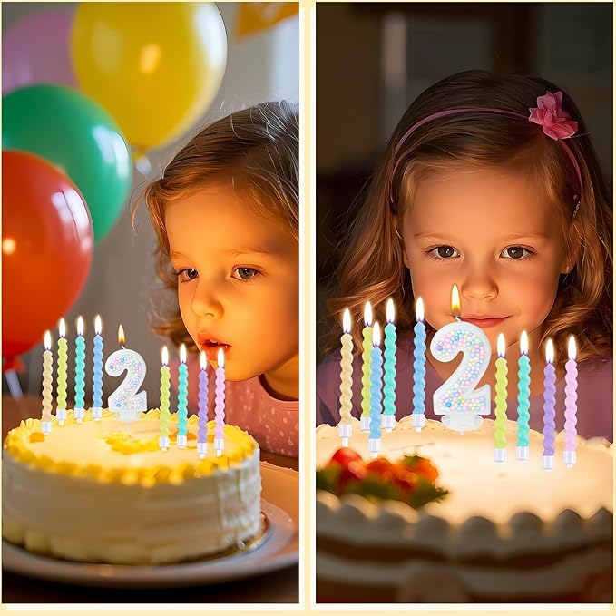 Number Birthday Candle with 12PCS Spiral Candles and A Birthday Card - Perfect for Celebrating Birthdays (Macaron Glitter, Number 2)