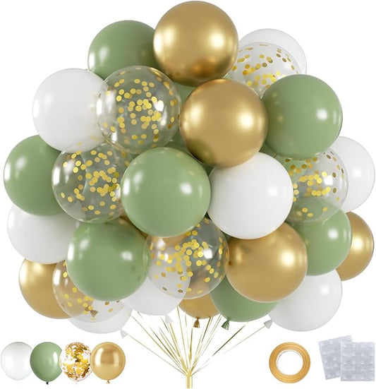 60pcs Sage Green Gold White Balloons Garland Kit - 12 Inch Olive Green, Metallic Gold & White Confetti Latex Balloons for Wedding, Baby Shower, Gender Reveal, Boho Birthday Party Decorations