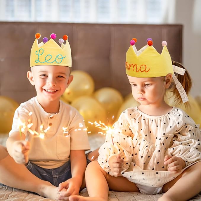 Personalized Hand Embroidered Crown Custom 1st First Birthday Crown Hats For Baby Kid Birthdays Fit All Ages