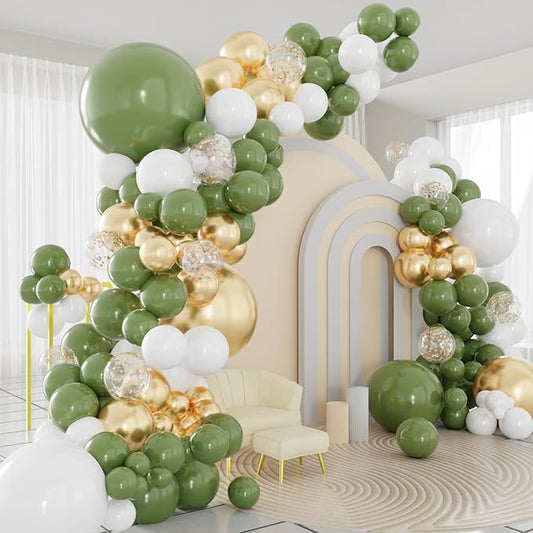 Sage Green Balloons Arch Kit, 124pcs Green and Gold Balloons Sage Green White and Gold Balloons for Birthday Baby Shower Wedding Party Decorations