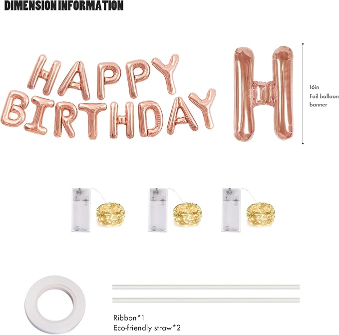 CANREVEL Happy Birthday Banner 13pcs 16 Inch Mylar Foil Letters Sign Balloons with LED Lights Birthday Party Decorations for Kids and Adults - 3D Rose Gold