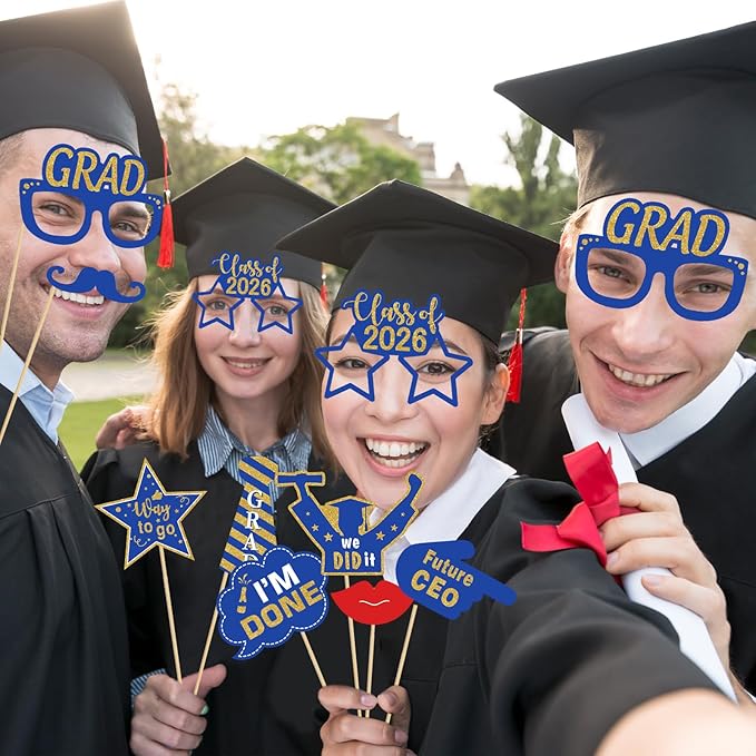Avezano Graduation Photo Booth Props, 21pcs Graduations Picture Props 2026 for Photoshoot, Grad Photo Props for Photobooth Class of 2026 Party Decorations Set Party Favors Supplies (Blue and Gold)
