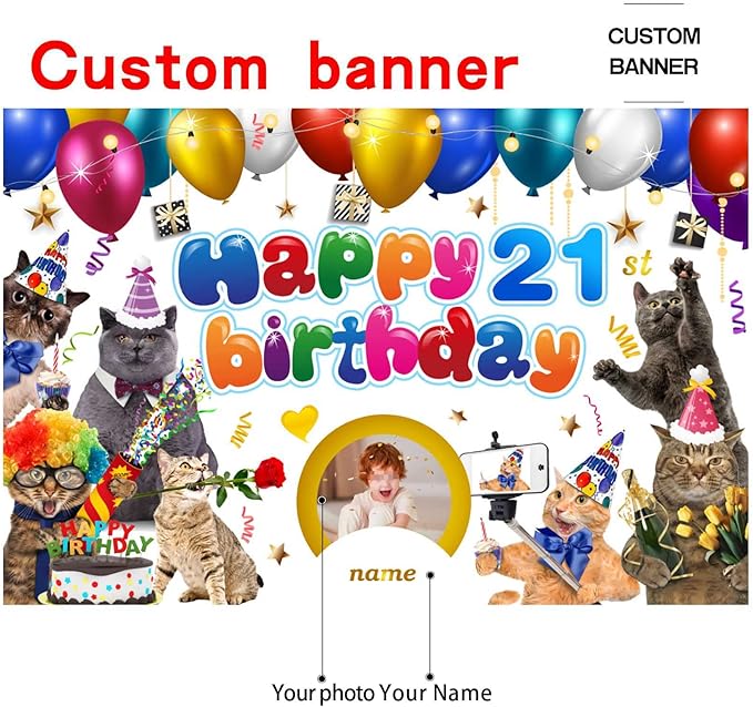 Custom Cat Theme 21st Birthday Decorations Banner - Personalized Fabric Banner for 21st Birthday Party Supplies