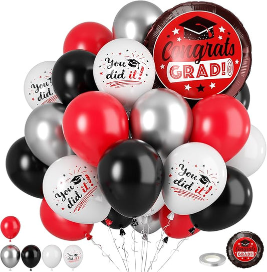 Red Black Silver Graduation Balloons, 60pcs Red Silver Black White Printed Balloons, Congrats Grad Foil Balloon for Graduation 2026 Decorations Celebration Anniversary Party Supplies