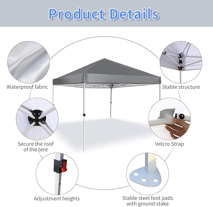 Pop Up Canopy 8X8 FT,Portable Sun Instant Shelter w/Backpack Bag,Waterproof,Adjustable Straight Leg Heights Canopies,Outdoor Tents for Parties,Camping,Commercial Event,Grey