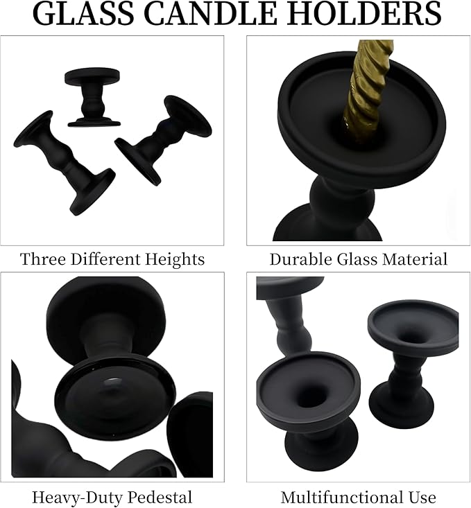 Black Glass Candle Holders Set of 3 Clear Candlestick Holder Vintage Candle Stands for Pillar Taper Candle Tea Light Home Decor Table Centerpieces Halloween, Candleholder Sets with 4 Pcs Taper Candles