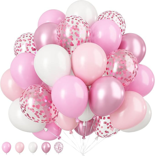 Biapian Pink & White Metallic Chrome Confetti Latex Balloons - 12 Inch Ribbon Party Balloons Set for Girls' Birthday Princess Parties