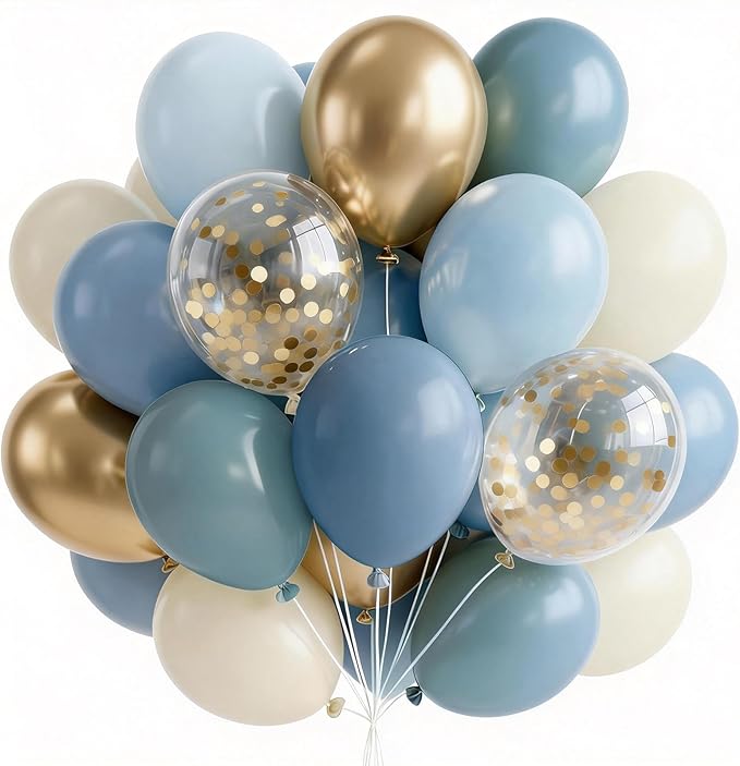 PartyWoo Dusty Blue Balloons 66pcs 12 Inch Light Baby Slate Blue Off White Sand Metallic Gold Boho Confetti Balloons for Graduation Boy Baby Shower Gender Reveal Birthday Wedding Party Decorations