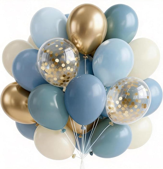 PartyWoo Dusty Blue Balloons 66pcs 12 Inch Light Baby Slate Blue Off White Sand Metallic Gold Boho Confetti Balloons for Graduation Boy Baby Shower Gender Reveal Birthday Wedding Party Decorations