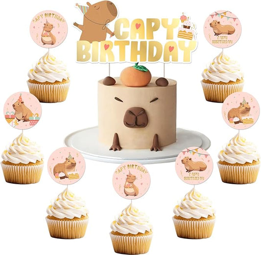 Cheereveal 25Pcs Capybara Happy Birthday Cake Decorations Pink, Cute Cartoon Capybara Cupcake Toppers, Capy Animal Theme Birthday Baby Shower Party Supplies