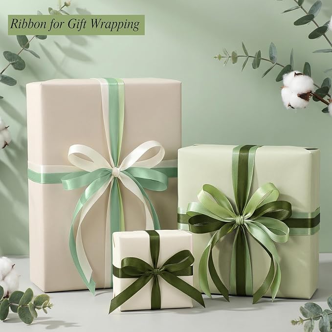 woric Sage Green Satin Ribbon 3/8 Inch x 4 Rolls, Total 120 Yards Ivory/Moss Green/Dusty Sage Ribbon for Graduation Leis Baby Bridal Shower Mother's Day Hair Bows Wedding Decor
