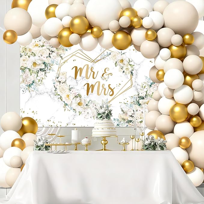 MEHOFOND 113pcs White Floral Wedding Balloons Arch Kit, Mr and Mrs Banner Backdrop, Flowers Hearts Geometric Bride to Be Party Decorations, Engagement White and Gold Balloons Garland Party Decor