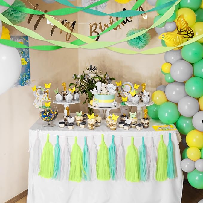 PIGETALE Crepe Paper Streamers 4 Rolls 328ft, Pack of Green, Turquoise, Lime and White Party Streamers for Birthday Wedding Ceremony Baby Shower Party Decorations Supplies (1.8Inch x 82Ft/Roll)