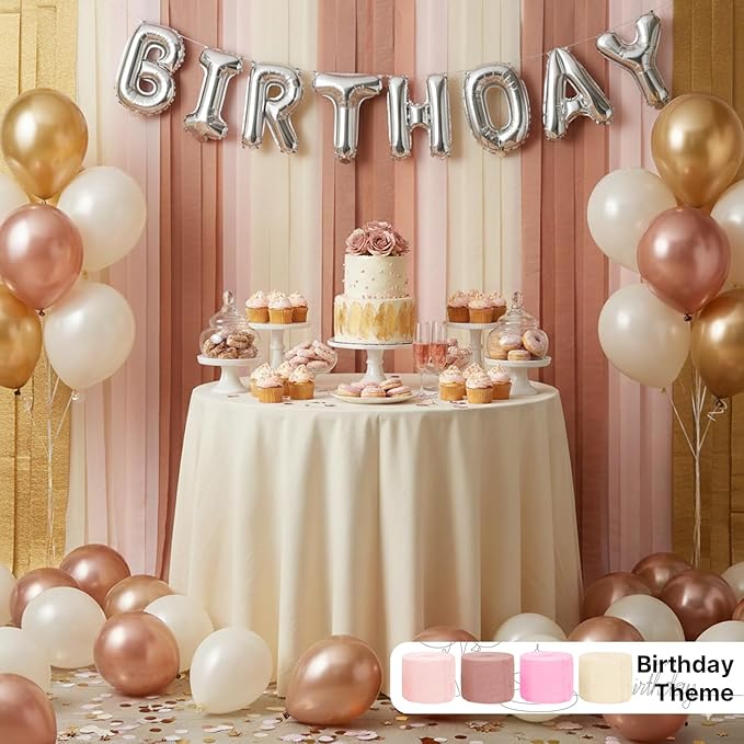PartyWoo Pink and Gold Crepe Paper Streamers 8pcs 656ft Pack of Baby Dusty Pink Gold Ivory White Crepe Paper Streamers for Birthday Baby Shower Graduation Wedding Bachelorette Party Decorations