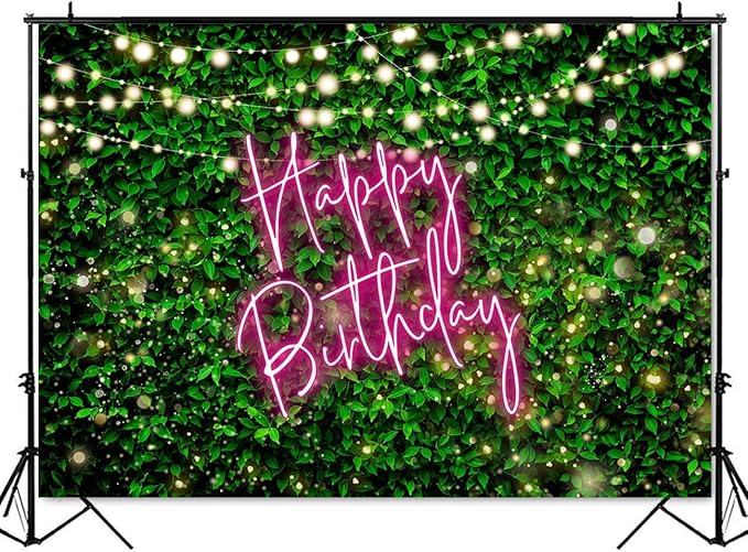 Mocsicka Green Leaves Happy Birthday Backdrop Jungle Safari Party Backdrops Birthday Decorations Nature Green Rustic Lawn Leaves Photography Background Photo Studio Props (Pink, 10x8ft(120x96 inch))