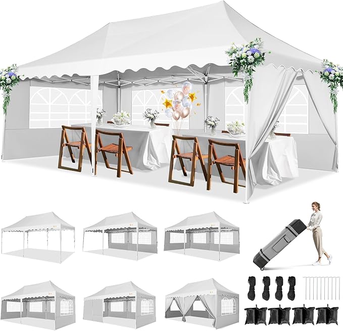 HOTEEL 10x20 Pop Up Canopy Tent for Parties, Waterproof Easy Setup Canopy Tent 10x20 with 6 Sidewalls, 4 Sandbags, Wheeled Bag, Outdoor Sunproof for Backyard, Wedding, Event, Patio, White