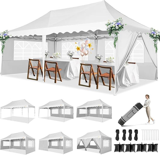 HOTEEL 10x20 Pop Up Canopy Tent for Parties, Waterproof Easy Setup Canopy Tent 10x20 with 6 Sidewalls, 4 Sandbags, Wheeled Bag, Outdoor Sunproof for Backyard, Wedding, Event, Patio, White