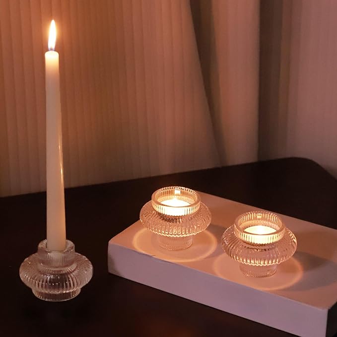 VOHO Vintage Candlestick Holders Set of 6, Dual Sided Candle Sticks Holder Decor for Taper Candles/Tea Lights Candles, Ribbed Candle Holder for Dining Table Centerpiece, Wedding/Christmas Decor(Clear)