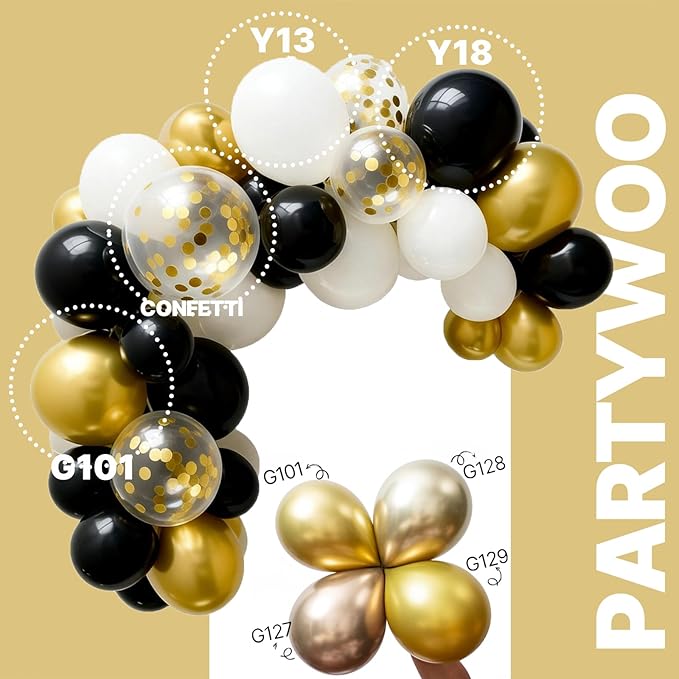 PartyWoo Black and Gold Balloons 66pcs 12 Inch Matte Black White Metallic Chrome Gold Confetti Balloons for Graduation Baby Shower Birthday New Year's Eve Anniversary Bachelorette Party Decorations