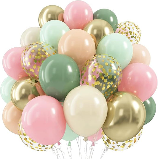 Sage Green and Pink Balloons, Dusty Green Pastel Pale Pink Light Orange Ivory White Metallic Gold Balloon with Confetti Balloon for Boho Birthday Party Baby in Bloom Flower Baby Shower Tea Decorations