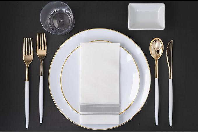 Trendables 360 Pack Disposable Silverware Set - Cutlery Dinnerware - Includes 120 Forks - Spoons - Plastic Knives - White & Gold Plastic Silverware Utensils Party Set