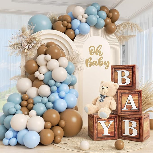 Blue Bear Baby Shower Decorations, 149pcs Dusty Blue and Brown Balloon Garland Arch Kit With Wood Grain Baby Boxes for Bear Baby Shower Decorations Gender Reveal