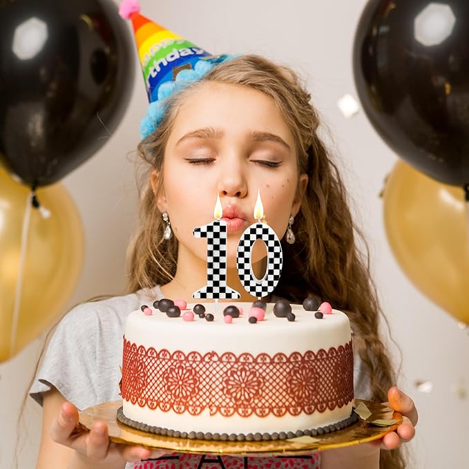 Racing Car Themed Birthday Candles, Number 0 Checkered Candles, Black & White Checkered Cake Decoration, Car Cake Topper for Party Decoration Theme Party Supplies