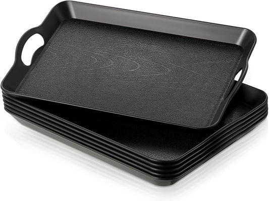 Kathfly 6 Pcs Black Serving Trays with Handles Trays for Eating 16 x 11 Inch Multi Purpose Plastic Tray Rectangular Anti Skid Decorative Food Tray for Restaurant Breakfast Countertop Party Kitchen