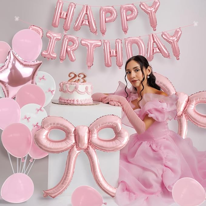 YTHETM Bow Party Decorations Pink Happy Birthday Balloons Banner Pink Birthday Decorations Bow Balloons for Women Girls Birthday Decor Party Supplies