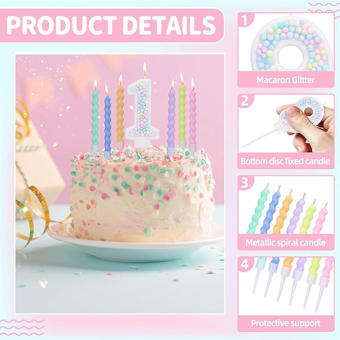 Number 1 Birthday Candles for Cake with 12 Pieces Spiral Candles with Macaron Pastel Rainbow Pink Cake Toppers for Girls Happy Birthday Party Decorations