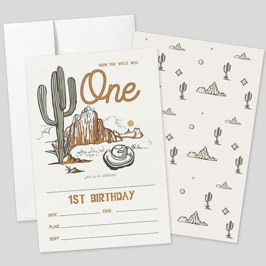 AEHIE 20 Sets Western 1st Birthday Party Invitations With Envelopes,How The West Was One Double-sided Printed Birthday Party Invitation Invite Cards for Baby Girls Boys,1st Rodeo Birthday Invites
