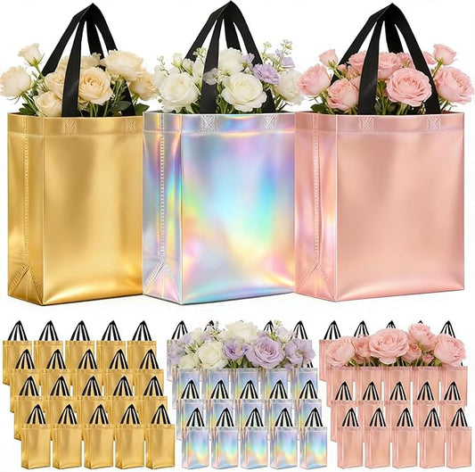 60Pcs Bulk Iridescent Glossy Gift Bags Medium Size, 8x4x10 Inch Holographic Reusable Gift Bags with Handles,Non-woven Gift Bags Bulk,Mix Color (20x Rose Gold,20x Golden Yellow,20x Iridescent Bags ) for Birthday, Wedding, Bachelorette, Party Favors, Hol...