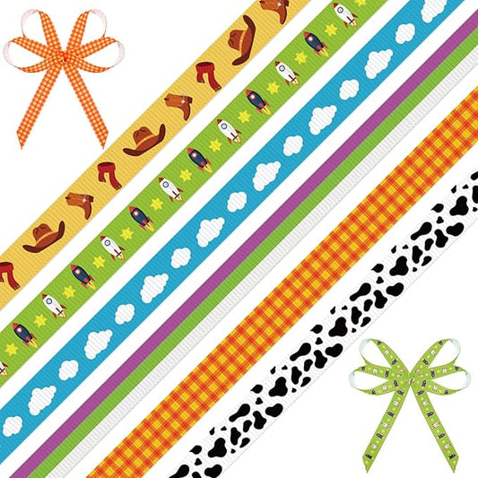 6 Pieces Cartoon Story Ribbon Set, Cowboy Space Adventure Theme Grosgrain Ribbons, 3/8inch Blue Sky White Cloud Ribbon, Yellow Plaid Printed Ribbons for Gift Wrapping DIY Birthday Party Favor