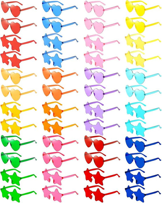 Pibupibu 48 Pack Fun Mixed/Heart/Star Party Sunglasses Bulk Adults, Rimless Colorful Bachelor Party Glasses