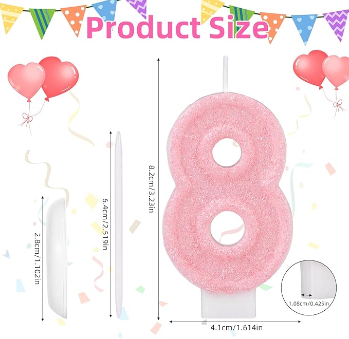 Pink Number Birthday Candles, Romantic Cake Glitter Pink Number Candles Anniversary Cake Topper Decoration Cute Birthday Party Supplies for Wedding Anniversary Celebration Supplies (8)